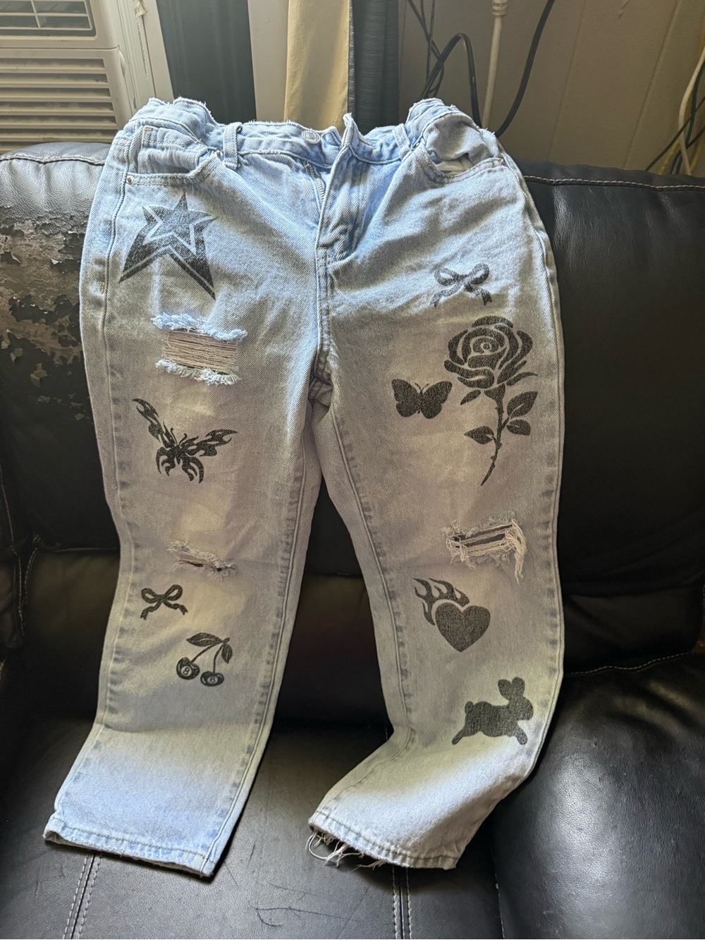 Forever 21 Light Blue Jeans with Black Graphic Prints